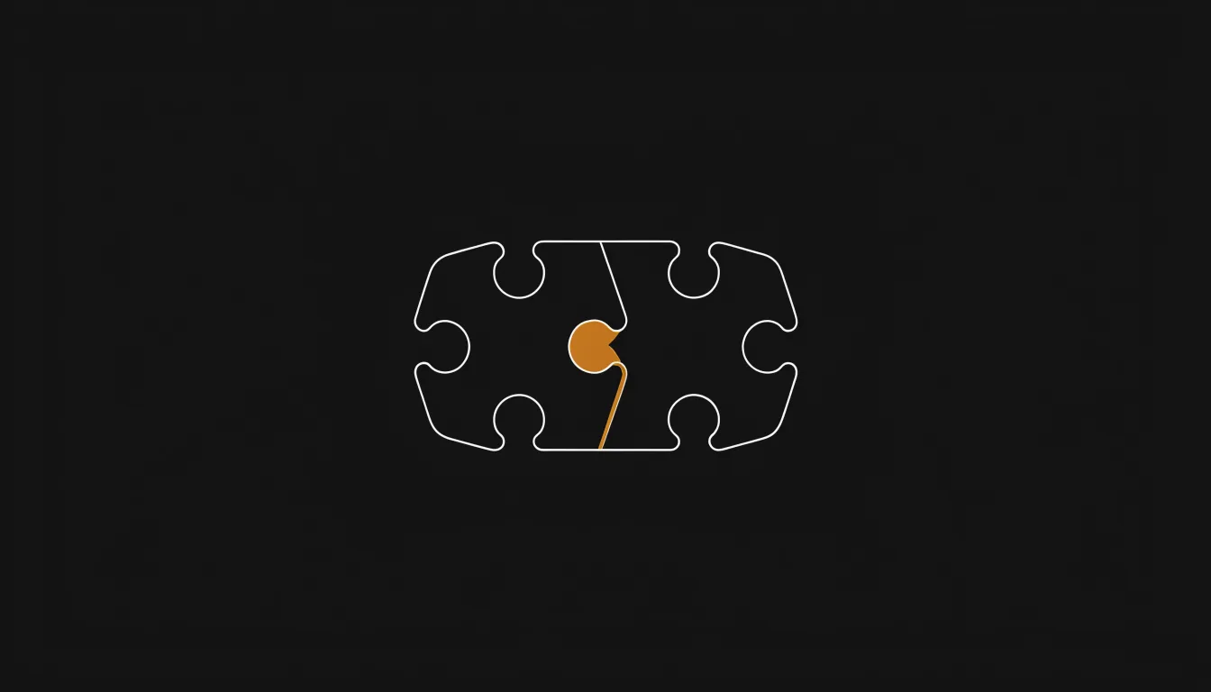 Illustration: Zwei Figuren fügen zwei Puzzlehälften zusammen, die Nahtstelle leuchtet amber.