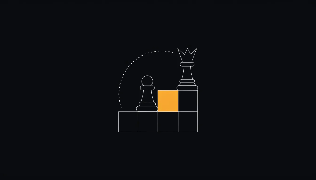 Illustration: Eine Schachfigur springt im Bogen über das ganze Brett und landet amber-leuchtend auf der Königsposition.