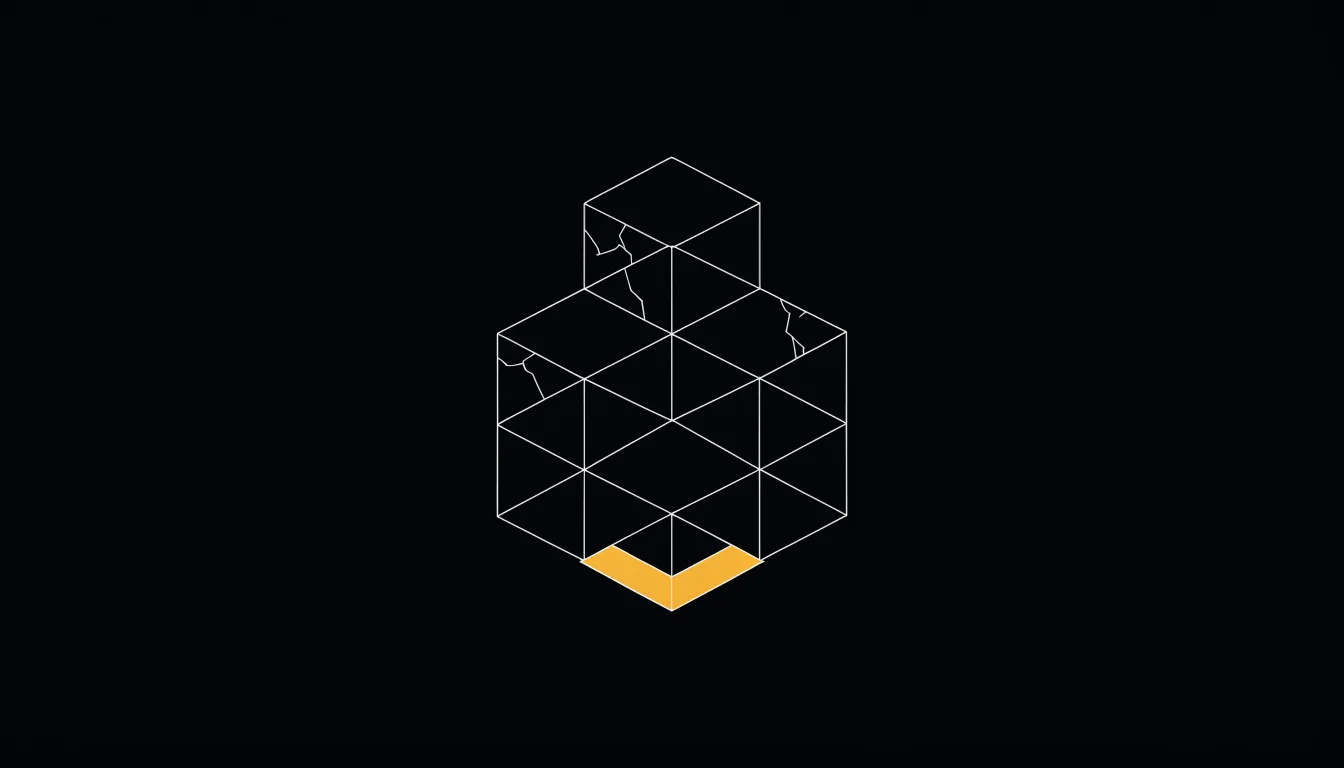 Illustration: Eine Figur drückt von der Seite auf eine Pyramide aus Organigramm-Bausteinen, die Basis leuchtet amber.