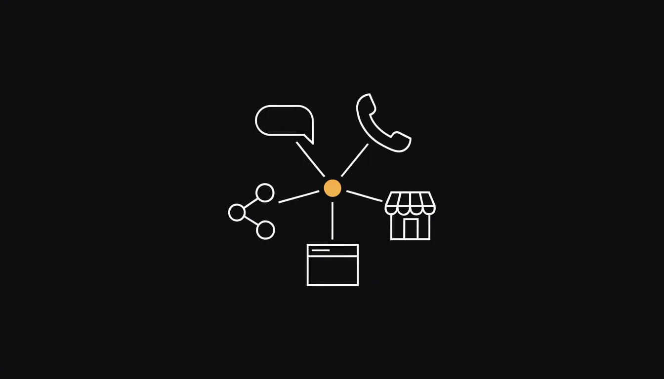 Illustration: Ein Cluster kleiner Touchpoint-Icons um eine Chatblase, die amber-leuchtend im Zentrum steht.