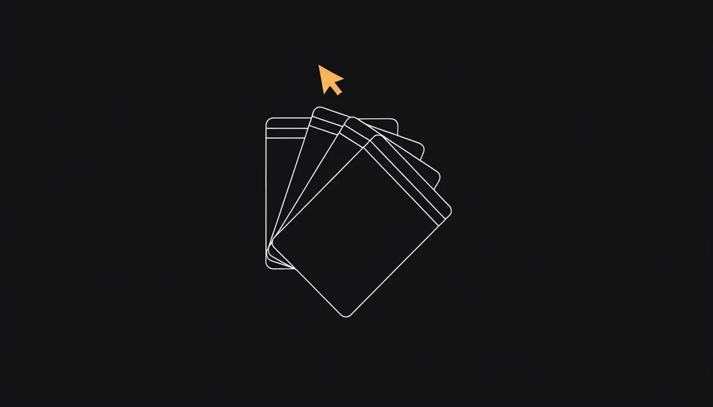 Illustration: Eine Figur fächert Katalogkacheln auf, eine davon leuchtet amber unter einem Cursor-Symbol.