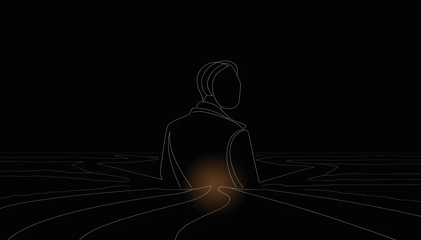 Illustration: Eine Silhouette steht an einer Weggabelung, der Boden unter ihr leuchtet amber.